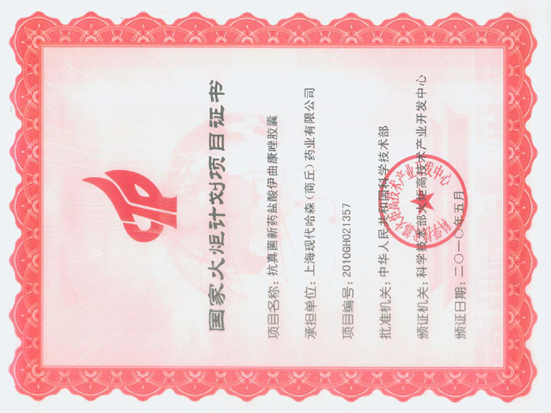 國家火炬計劃項目證書